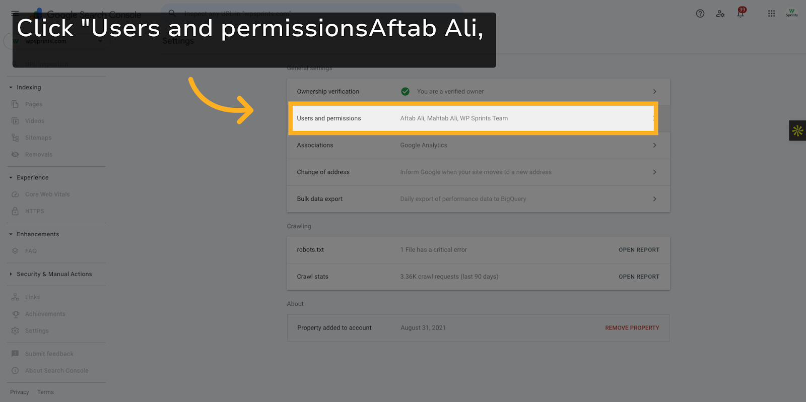 Click 'Users and permissionsAftab Ali, Mahtab Ali, WP Sprints Team'